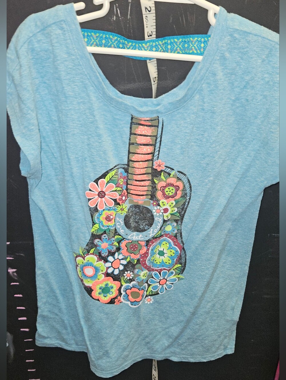 Justice Light Blue Floral Guitar Tee Size 10 Girls